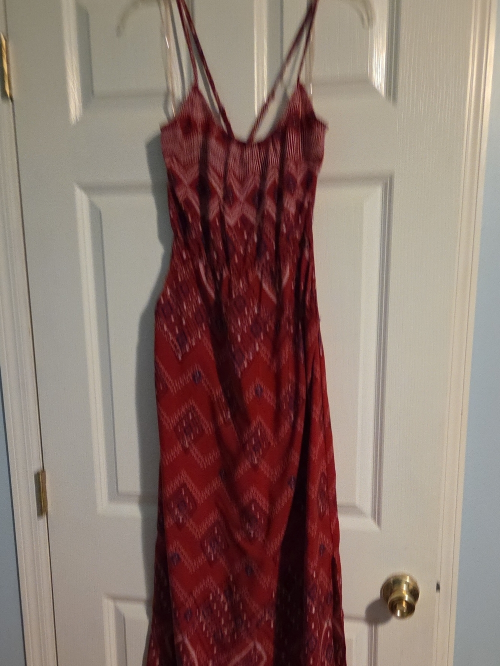 Maurices Red Patterned V-Neck Spaghetti Strap Maxi Dress
